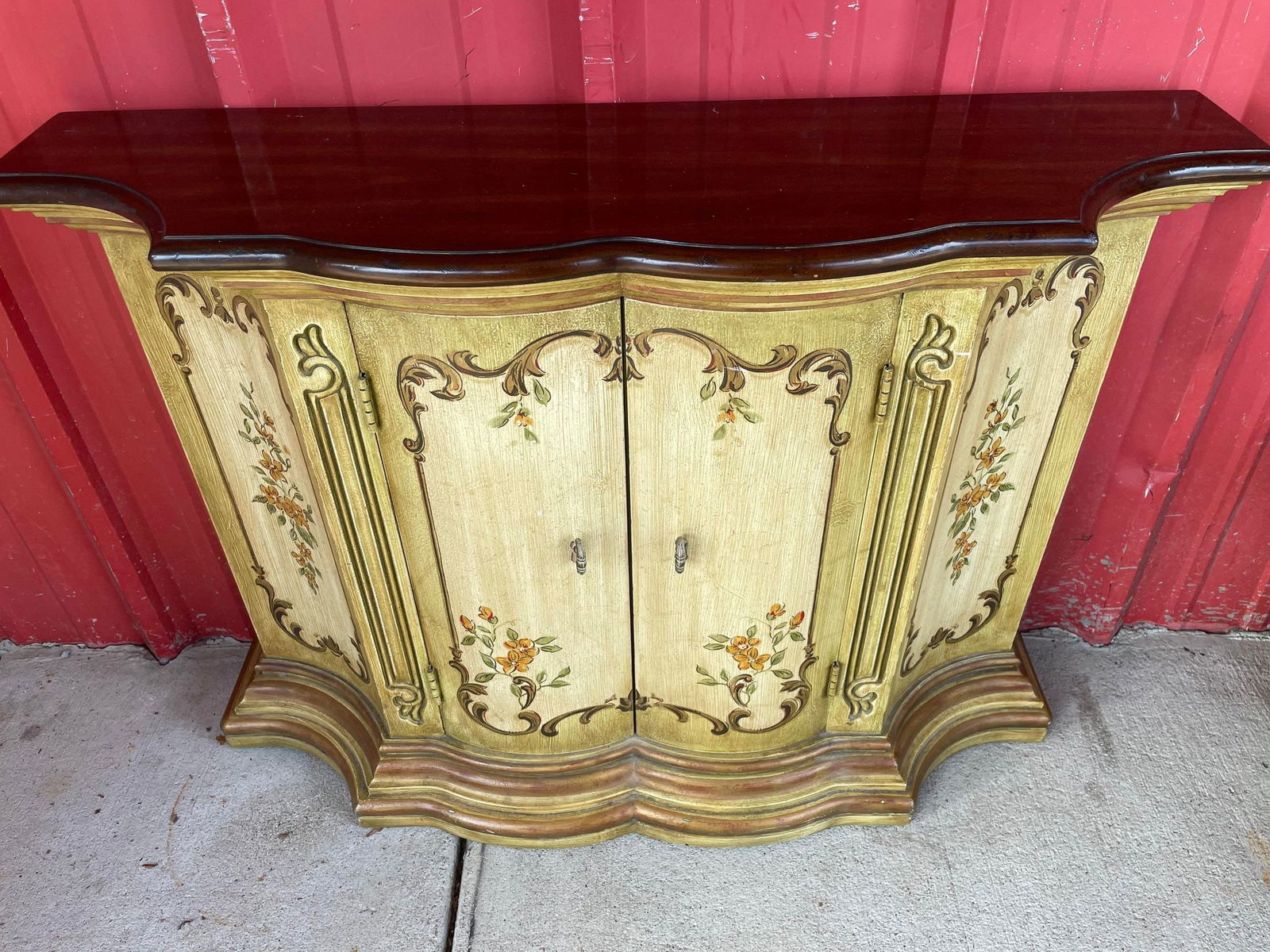 Vintage Drexel Heritage Hand Painted 2 Doors n Shelves Demilune Console Table Elaborate Floral (1 of 3)