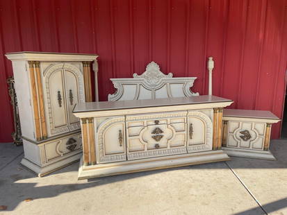 Vintage Italian Neoclassical Painted Bedroom Set: Dresser, Armor, Bed and Side Table: Vintage Italian Neoclassical Painted Bedroom Set: Dresser, Armor, Bed and Side TableKing Headboard w/ Rails no footboard:H: 58"D: 80"W: 4"Dresser:H: 33"D: 74" W: 22"Armoire:H: 60"D: 42"W: 22"Nightstan