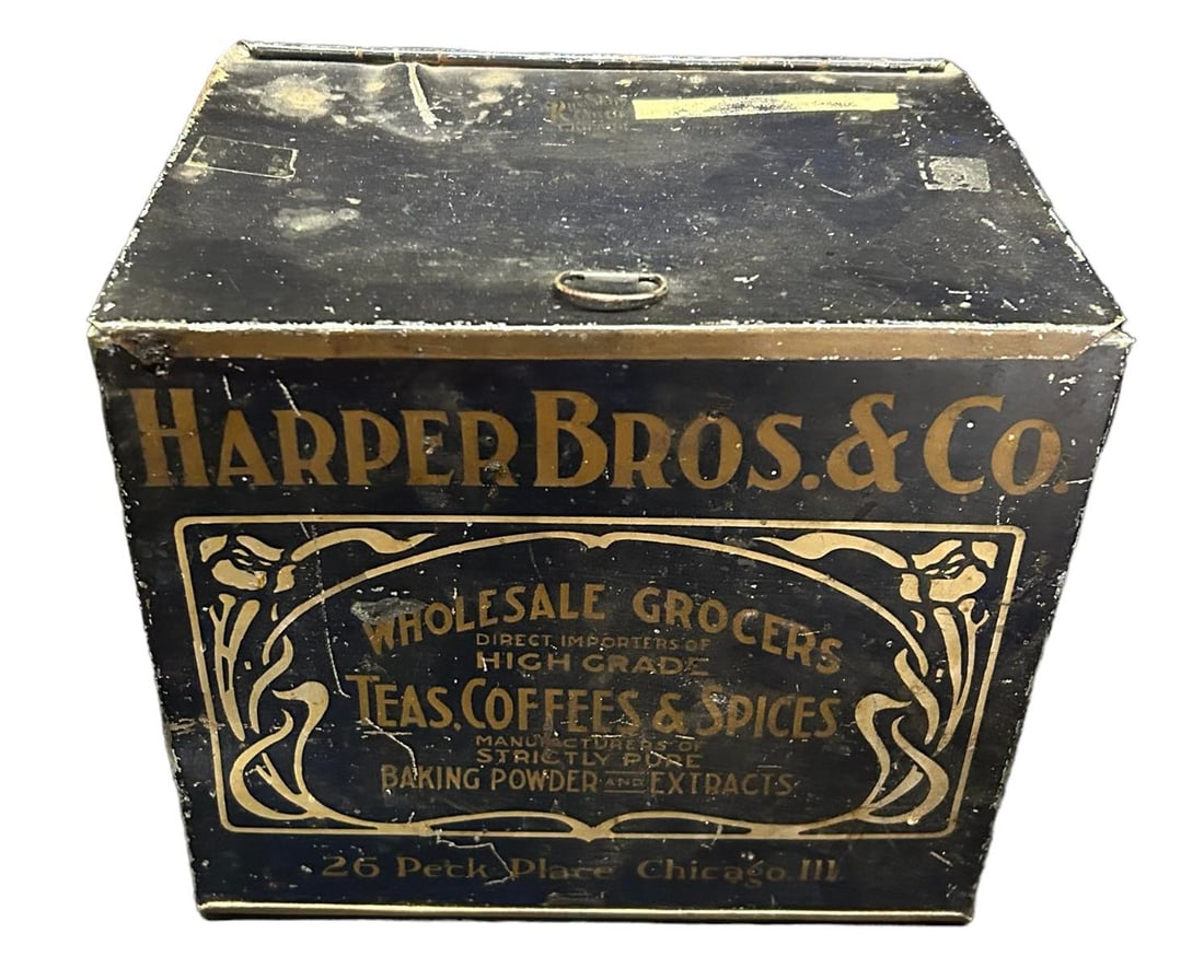 Early Tin Lithograph Harper Bros. & Co Coffee Tin 9"W - 8"T - 6"D: Early Tin Lithograph Harper Bros. & Co Coffee Tin 9"W - 8"T - 6"D