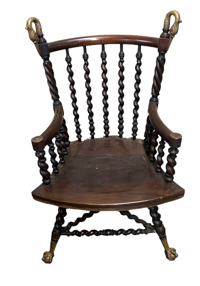 Victorian Mahogany Rope Twist Huntzonger Arm Chair w/ Bronze Mounted Swan Heads on Rope Twist Legs: Victorian Mahogany Rope Twist Huntzonger Arm Chair w/ Bronze Mounted Swan Heads on Rope Twist Legs, Brass Claw Feet made by Merklen Brothers 42"T - 27"W - 21"D