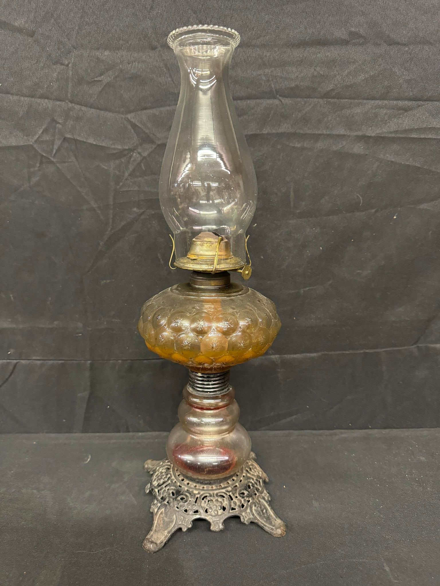 Antique Cast Iron rose Oil Lamp w/ Star Décor on Glass: Antique Cast Iron rose Oil Lamp w/ Star Décor on Glass