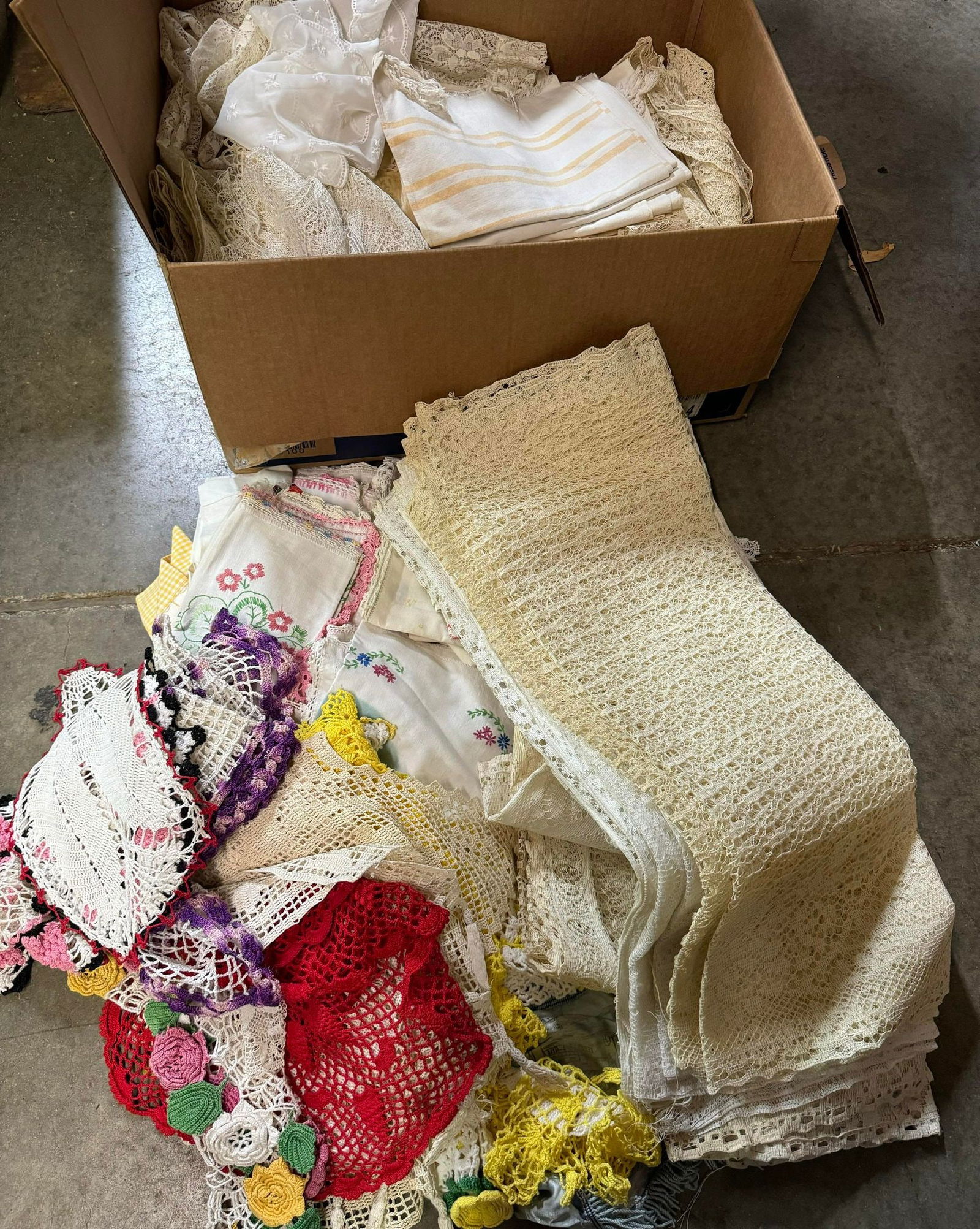 Collection of Coverlets, Fabric, Doilies: Collection of Coverlets, Fabric, Doilies