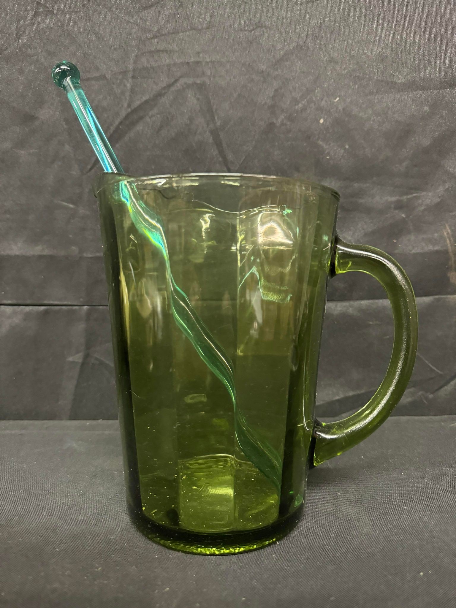 Large Green Glass Pitcher w/ Stir Stick (1 of 2)