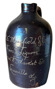 Early M.G, Mansfield Wines and Liquors Stoneware Jug, Louisville KY 9.5"T x 5.5"Dia: Early M.G, Mansfield Wines and Liquors Stoneware Jug, Louisville KY 9.5"T x 5.5"Dia