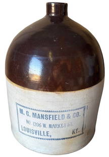 MC Mansfield and Co Stoneware Jug Louisville KY 12.5"T 9"Dia: MC Mansfield and Co Stoneware Jug Louisville KY 12.5"T 9"Dia