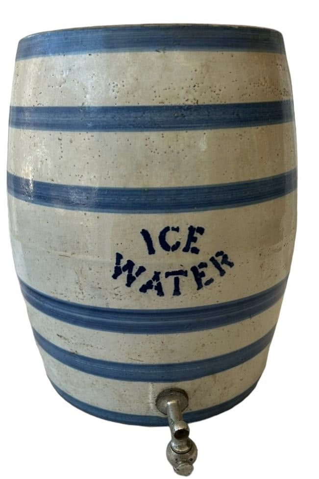 Early Blue Decorated "Ice Water" Stoneware Crock Cooler Dispenser (1 of 2)