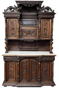 Large Victorian Highly Carved Marble Top Court Cupboard: Large Victorian Highly Carved Marble Top Court Cupboard