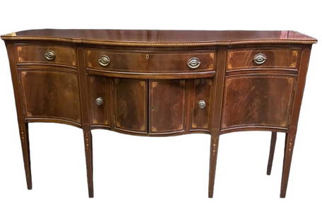 Inlaid Mahogany Hepplewhite Style Sideboard. Crotch Mahogany Veneered Fronts w/ Inlaid Fans and: Inlaid Mahogany Hepplewhite Style Sideboard. Crotch Mahogany Veneered Fronts w/ Inlaid Fans and Inlay Across the Top and Down the Legs 38"T 65"W 24"D