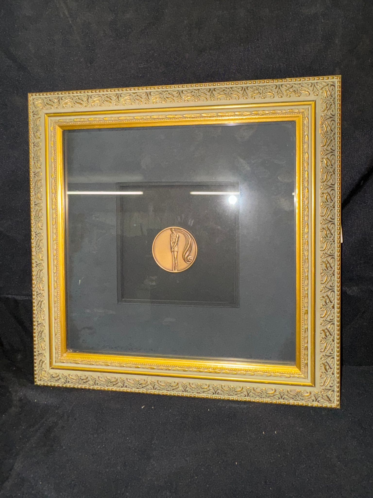 1988 Erté (romain De Tirtoff)Bronze "Bonds of Love" Medallion Framed in Gilded Shadow Box: 1988 Erté (romain De Tirtoff)Bronze "Bonds of Love" Medallion Framed in Gilded Shadow Box