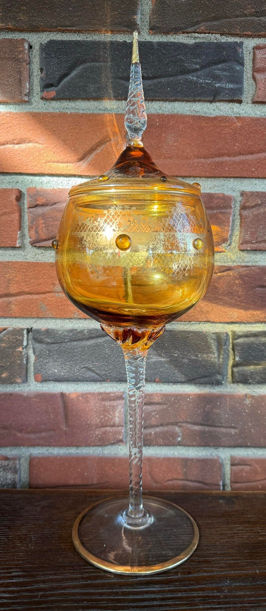 Amber Moser Bohemian Gold Trim Enameled Jeweled Lidded Compote Candy Dish 16" High Home Decor (1 of 2)