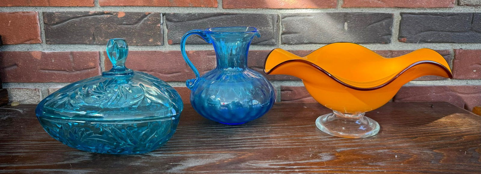 Vintage MCM Aqua Blue Covered Compote, Vintage Aqua Blue Pitcher, Teleflora Orange Pedestal Bowl (1 of 2)