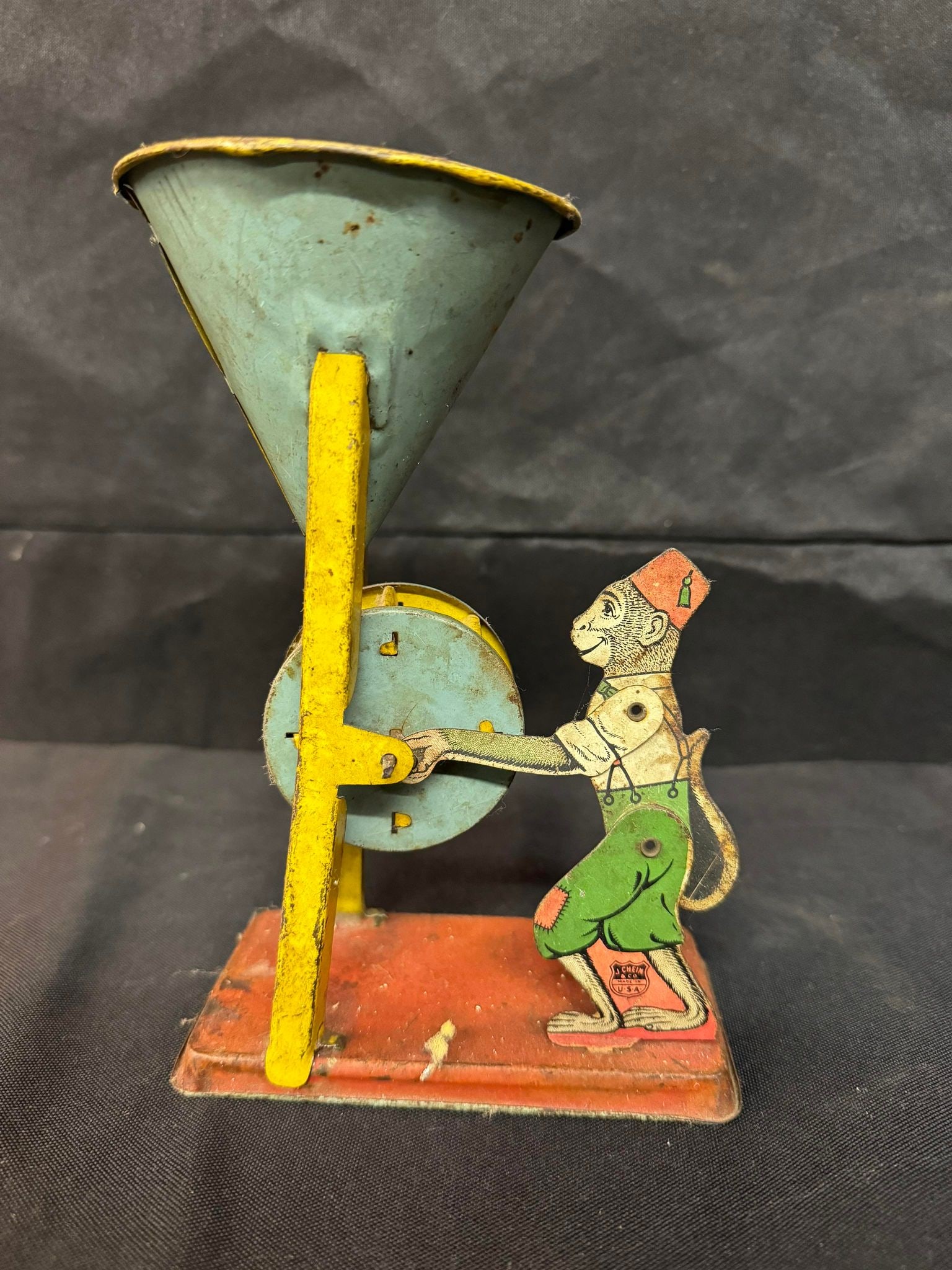 Vintage J. Chein "Busy Mike" Tin Litho Mechanical Sand Toy Monkey Operator: Vintage J. Chein "Busy Mike" Tin Litho Mechanical Sand Toy Monkey Operator
