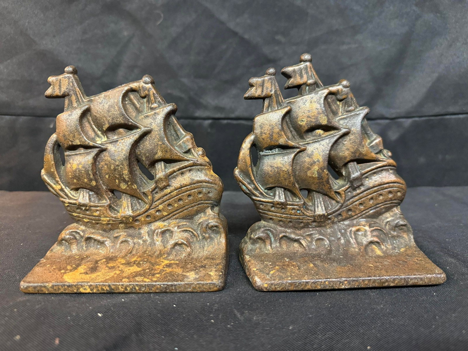 Two 1940's Cast Iron Ship Bookends, Marked Verona (1 of 2)