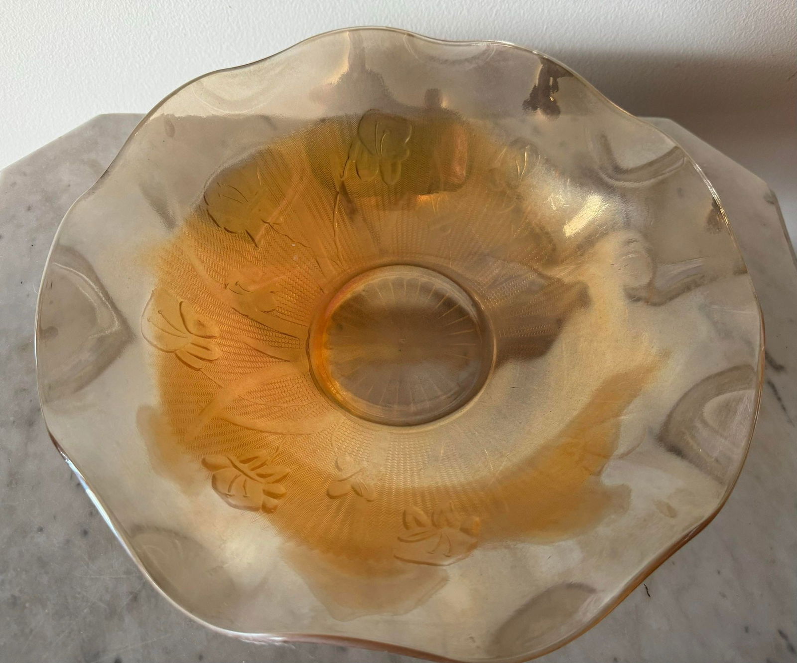 Jeanette Iris & Herringbone Iridescent Depression Glass 12" Ruffled Bowl (1 of 2)