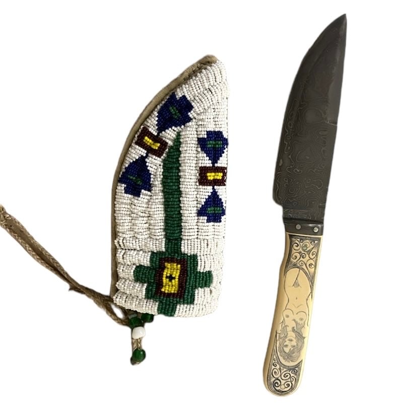 Native American Indian Trade Knife in Beaded Case w/ Bone Handle - 11'L: Native American Indian Trade Knife in Beaded Case w/ Bone Handle - 11'L