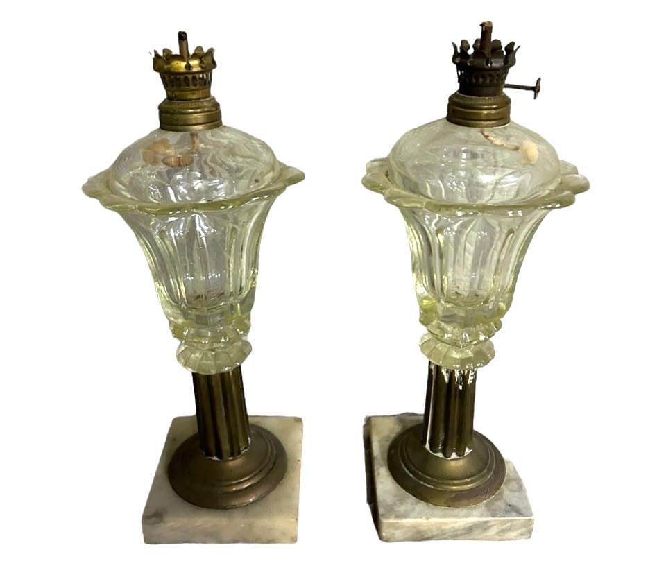 Pair of Whale Oil Lamps - 12"T - 4"W - 4"D: Pair of Whale Oil Lamps - 12"T - 4"W - 4"D
