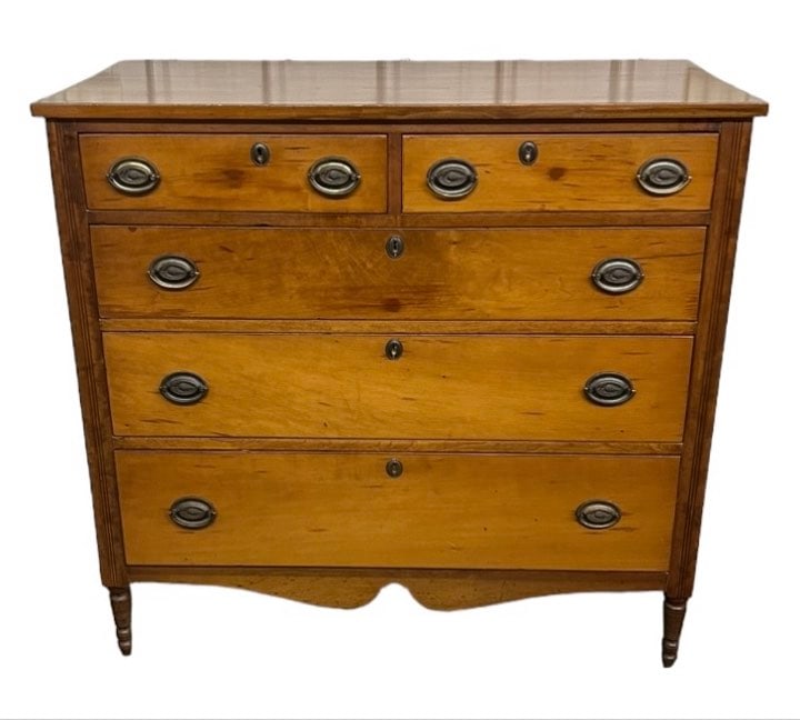 Early Cherry Sheraton Chest w/ Two over Three Drawers Fluted Post and Cut Out Skirt and Rare to Find (1 of 4)