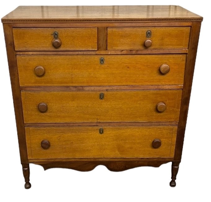 Early Walnut Sheraton, Two Over Three Drawer Chest w/ Barber Pole Inlay on Turned Legs - 43"T - 40"W (1 of 4)