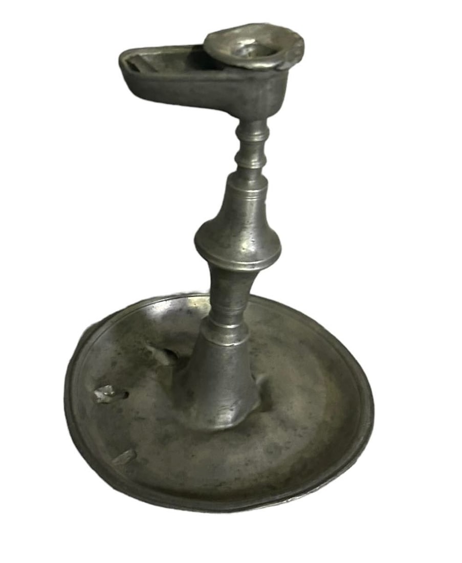 Pewter Whale Oil Lamp - 7 1/4" - Saucer Base Handle Is Missing: Pewter Whale Oil Lamp - 7 1/4" - Saucer Base Handle Is Missing
