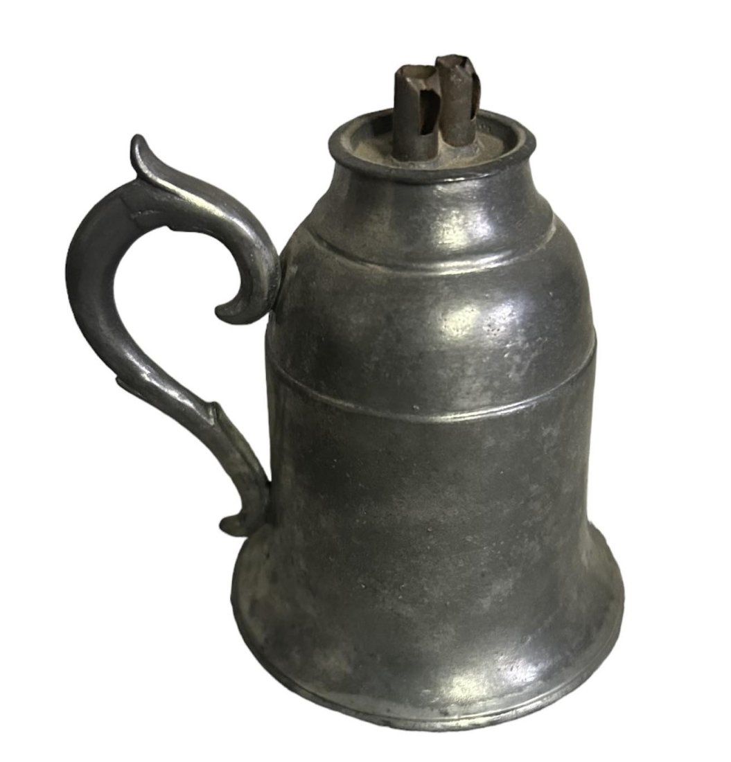 Bell Shaped Pewter Camphene Burning Lamp w. Handle - 5": Bell Shaped Pewter Camphene Burning Lamp w. Handle - 5"