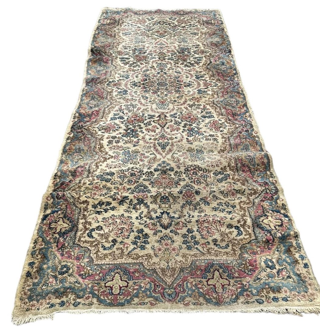 Hand Knotted Wool Beige Red and Blue Runner - 47" x 148": Hand Knotted Wool Beige Red and Blue Runner - 47" x 148"