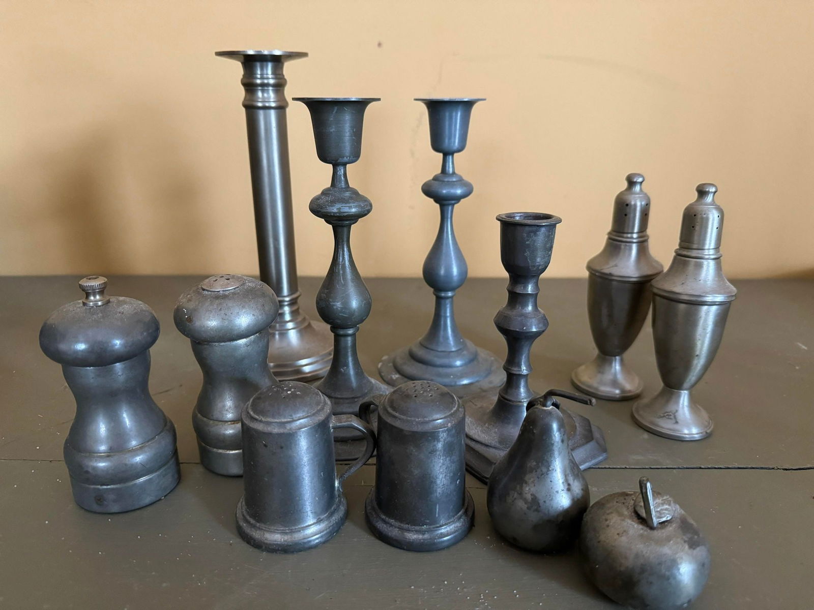 Collection of Pewter Items: Salt and Pepper Shakers, Candle Holders, Coasters/Ashtrays etc.: Collection of Pewter Items: Salt and Pepper Shakers, Candle Holders, Coasters/Ashtrays etc.
