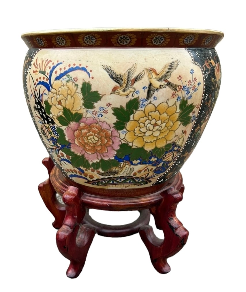 Asian Style Fish Bowl on Teak Stand - 19"T, 15"Dia: Asian Style Fish Bowl on Teak Stand - 19"T, 15"Dia