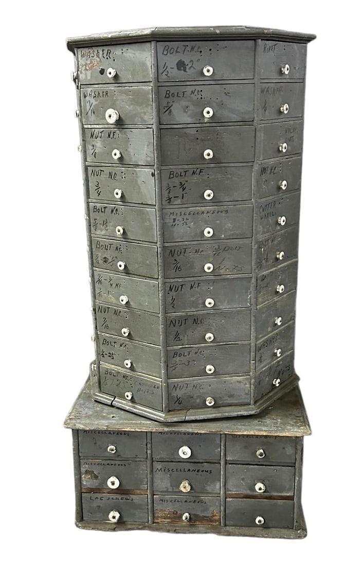 Early 98 Drawer Revolving Bolt Bin on Tower Base  - 60"T, 31"W, 31"D (1 of 1)