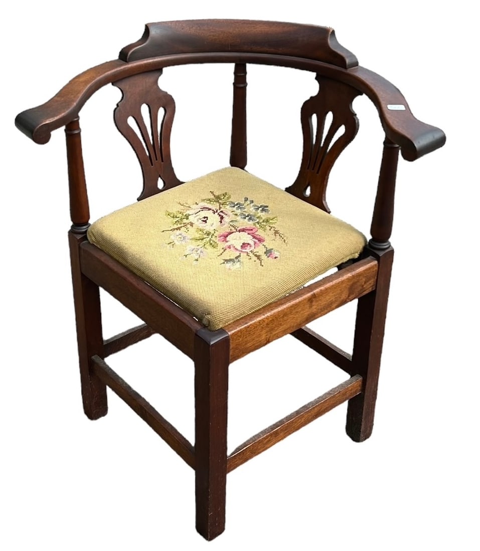 Early Chippendale Corner Chair w/ Needlepoint Seat  - 30"T,  27"W,  24"D (1 of 2)