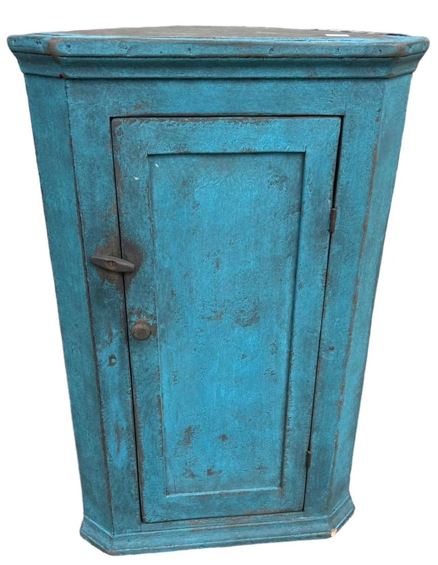 Early Blue Painted Hanging Corner Cupboard  - 29"T,  18"W,  10"D (1 of 2)