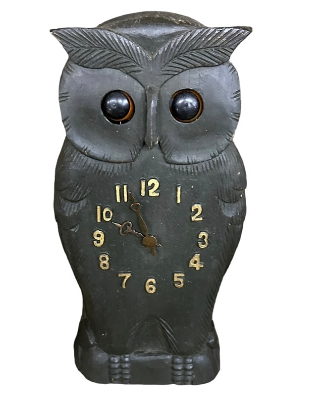 Arts and Crafts Wooden Carved Owl Clock w/ Working Eyes  - 10"T / 5"W / 3"D (1 of 2)