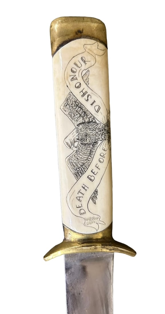 Bone Handled "Death Before Dishonour" Knife in American Indian Trade Beaded Sheath - 11"L: Bone Handled "Death Before Dishonour" Knife in American Indian Trade Beaded Sheath - 11"L