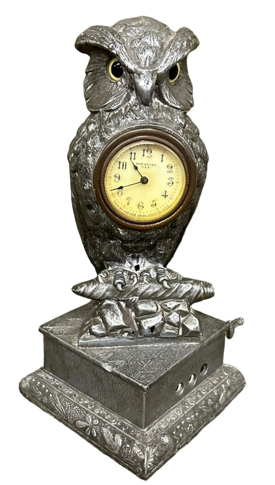 Victorian Style Spelter Owl Clock  -  11"T / 5"W / 5"D (1 of 3)