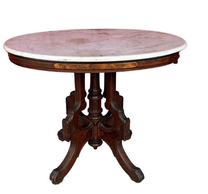 Victorian Walnut Oval Parlor Table w/ Burl Accents and Marble Top (1 of 2)