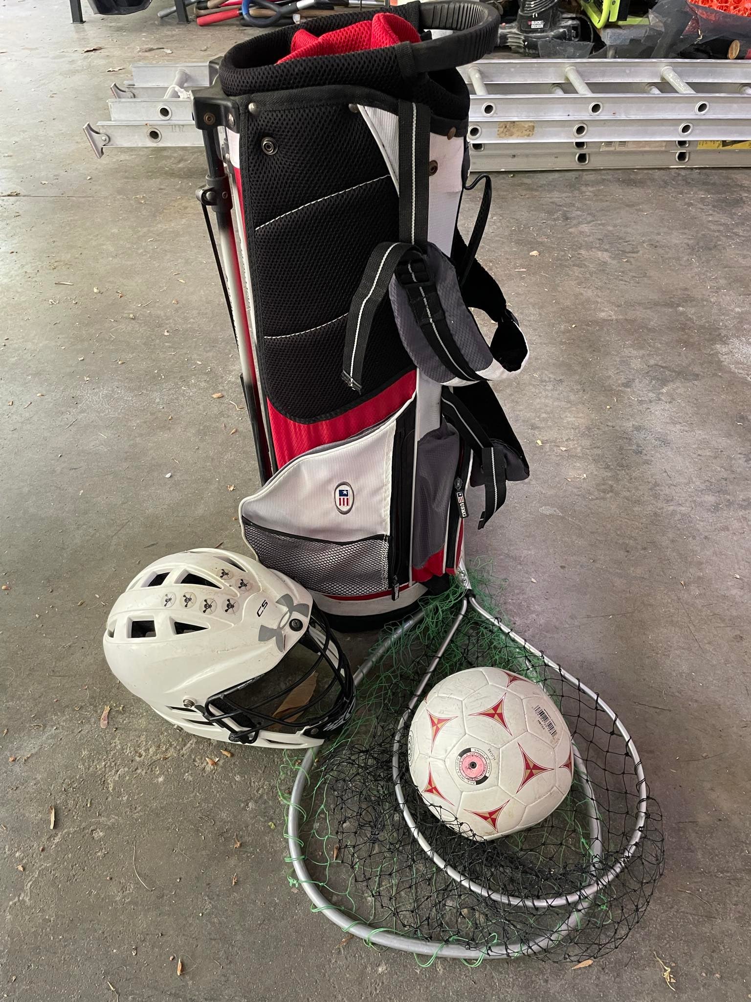 Sports Equipment: Soccer Ball, Helmet, Golf Bag, Fishing Catch Nets: Sports Equipment: Soccer Ball, Helmet, Golf Bag, Fishing Catch Nets