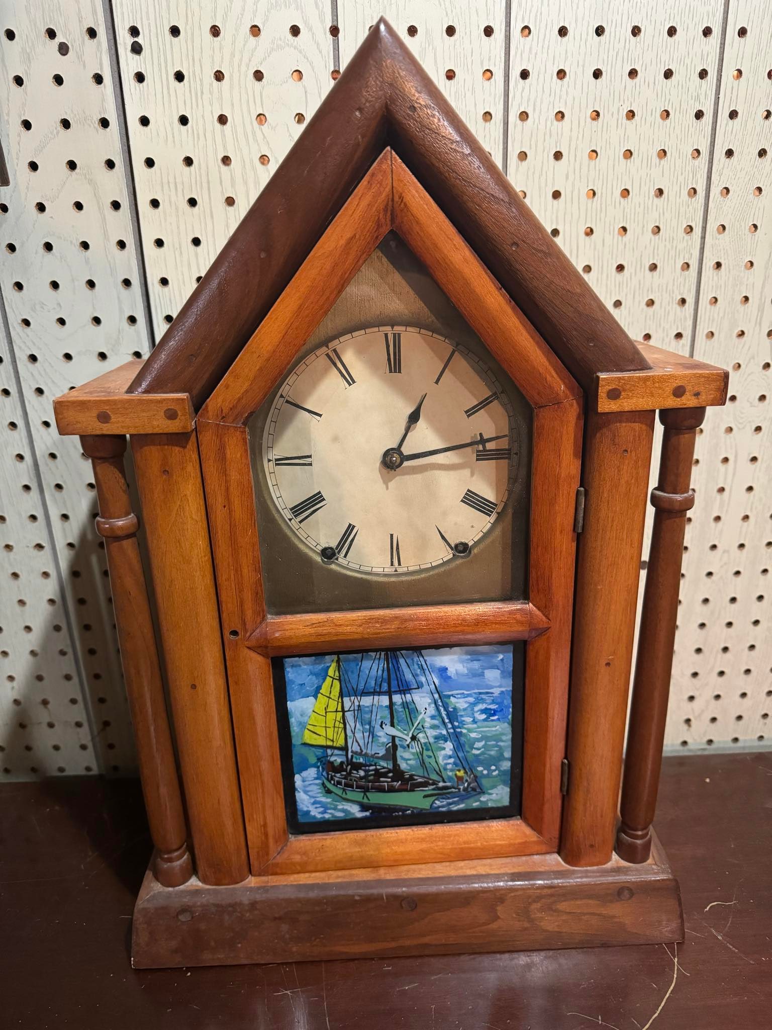 Antique Gothic Steeple Style Mantel Clock w/ Ship Scene: Antique Gothic Steeple Style Mantel Clock w/ Ship Scene