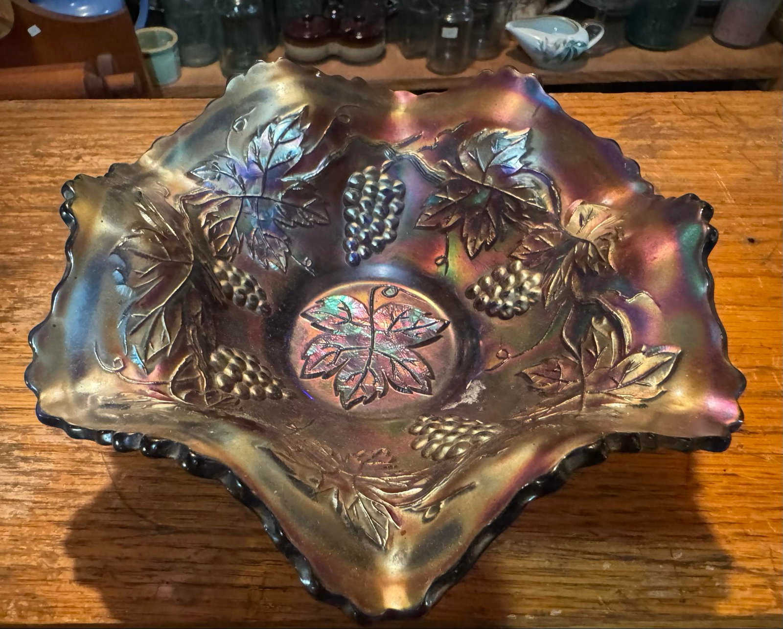 Vintage Ruffled Cobalt Blue Fenton Grape Leaves Vine Pattern Carnival Glass Bowl: Vintage Ruffled Cobalt Blue Fenton Grape Leaves Vine Pattern Carnival Glass Bowl