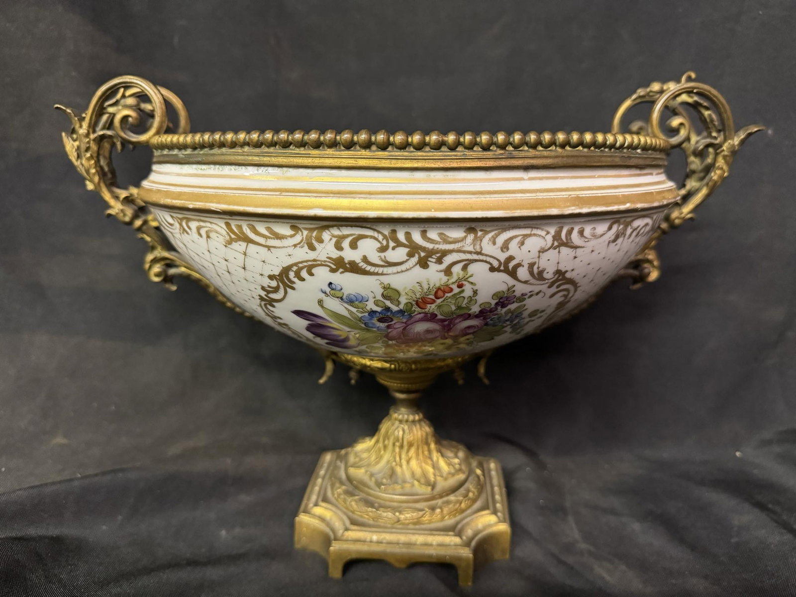 19th Century Regency Gilt Bronze Porcelain Compote: 19th Century Regency Gilt Bronze Porcelain Compote