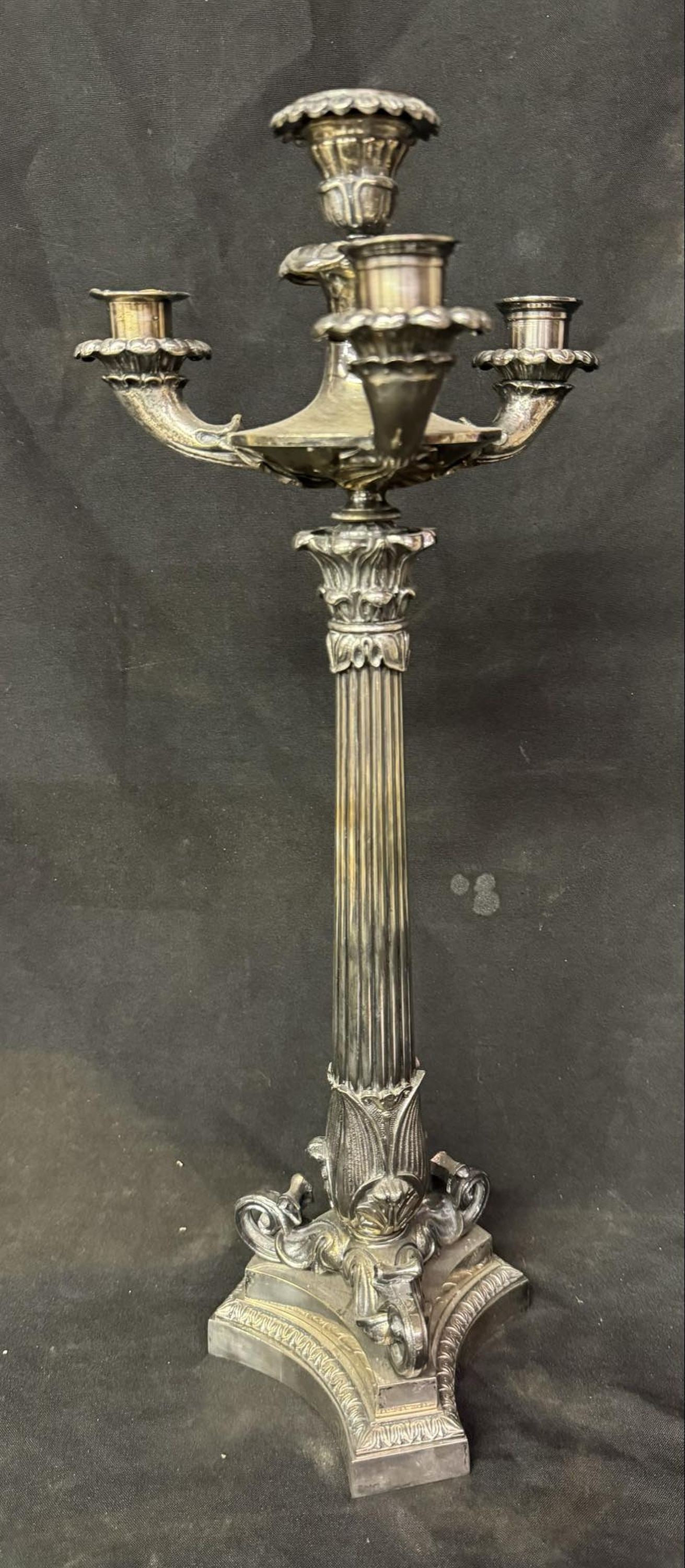 Fine Large Regency 4 Capital Silver Plated Candelabra, English 19th C: Fine Large Regency 4 Capital Silver Plated Candelabra, English 19th C
