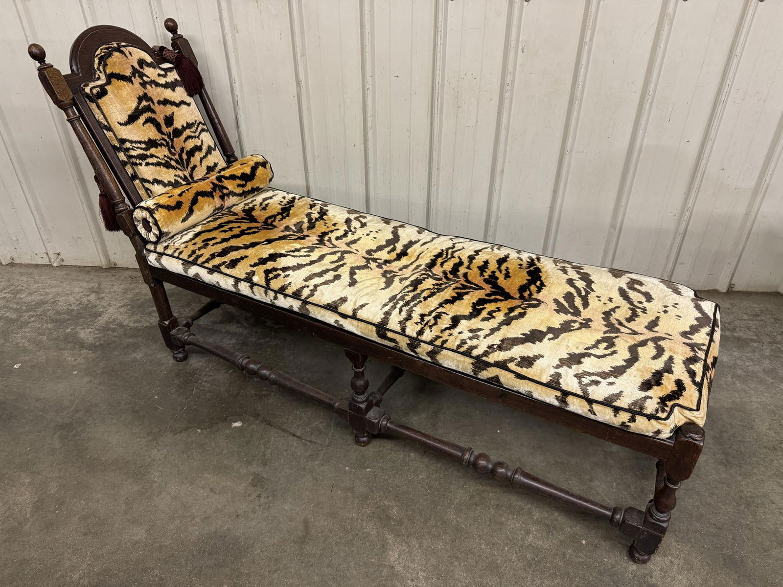 Rare Oak, William and Mary Chaise Lounge, English, circa 1690, Furnished by Decorator David Hicks (M: Rare Oak, William and Mary Chaise Lounge, English, circa 1690, Furnished by Decorator David Hicks (Married to Lady Pamela Mountbatten, Prince Phillip's Cousin) Upholstered in in Scalamandre Silk Tiger