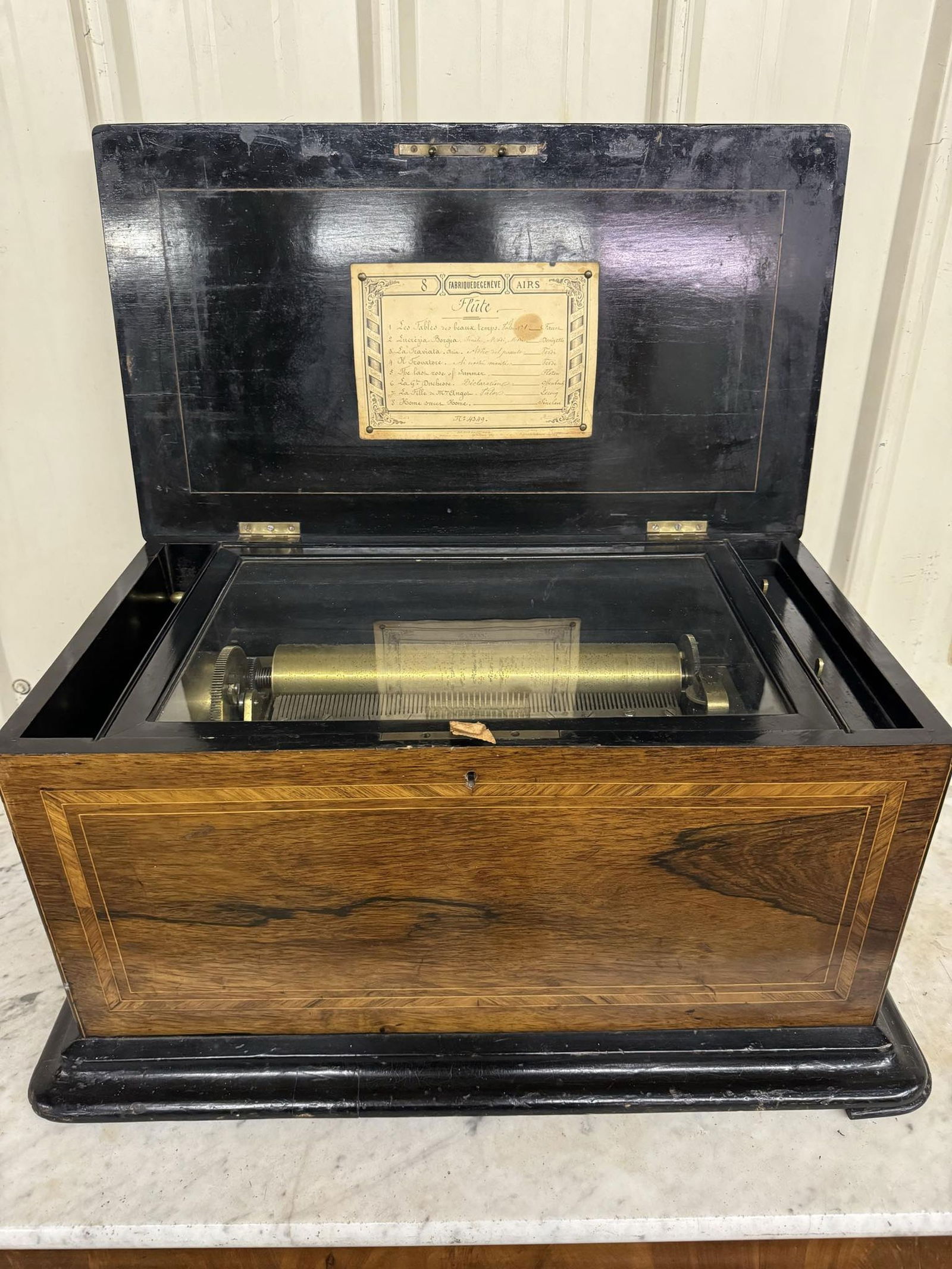 Fine Large Inlaid Rosewood 8 Tune Music Box w/ Flute Pipes and Bellows, Swiss, 1873: Fine Large Inlaid Rosewood 8 Tune Music Box w/ Flute Pipes and Bellows, Swiss, 1873