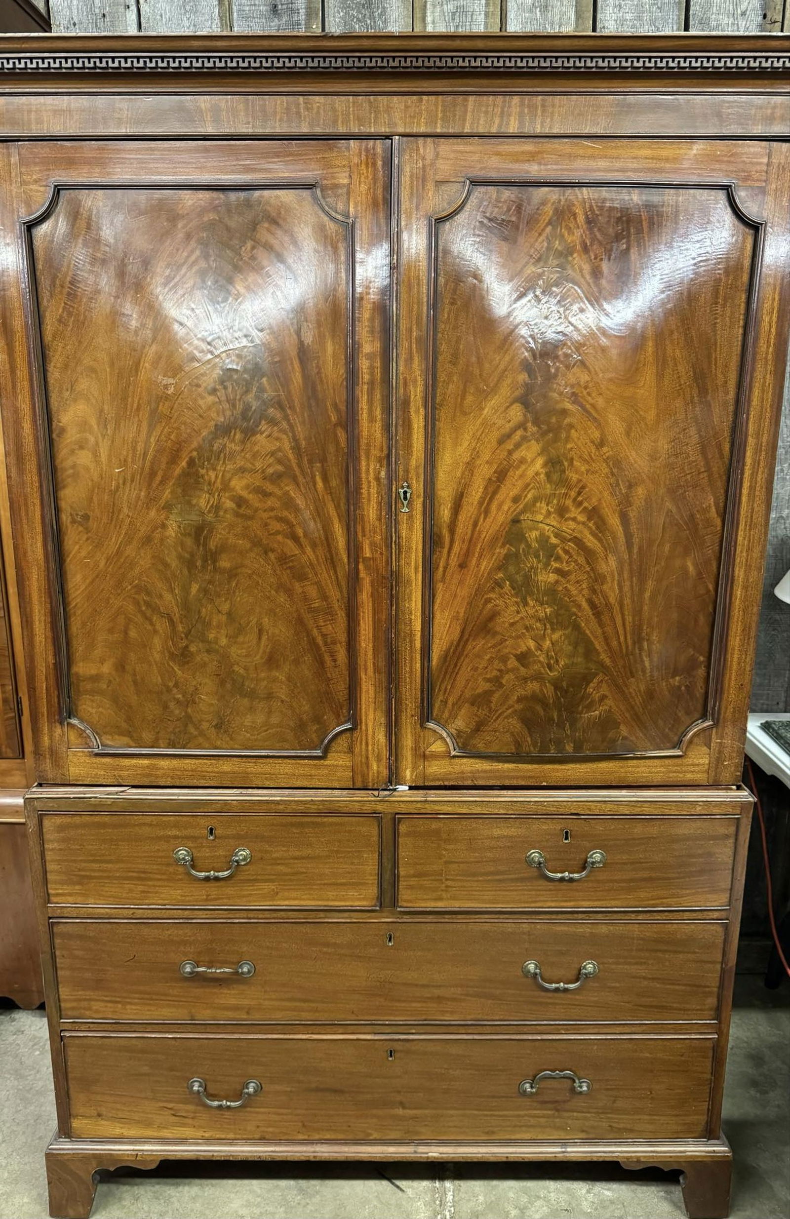 George III Two Part, Mahogany Linen Press English, Circa 1780-1800 As Found: George III Two Part, Mahogany Linen Press English, Circa 1780-1800 As Found