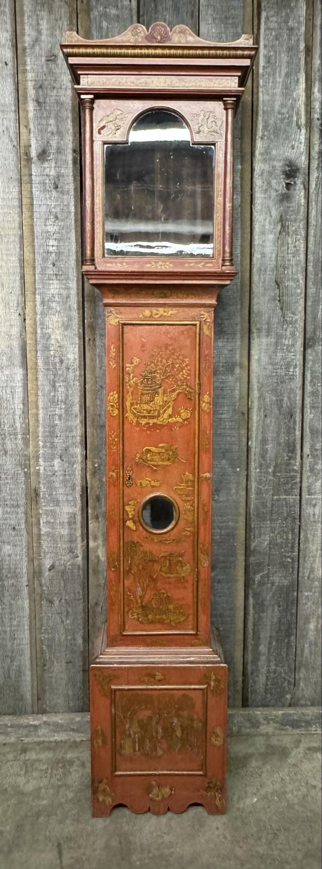 George III Red Lacquer Longcase Clock Case in Chinese Taste, English Circa 1750-1780: George III Red Lacquer Longcase Clock Case in Chinese Taste, English Circa 1750-1780