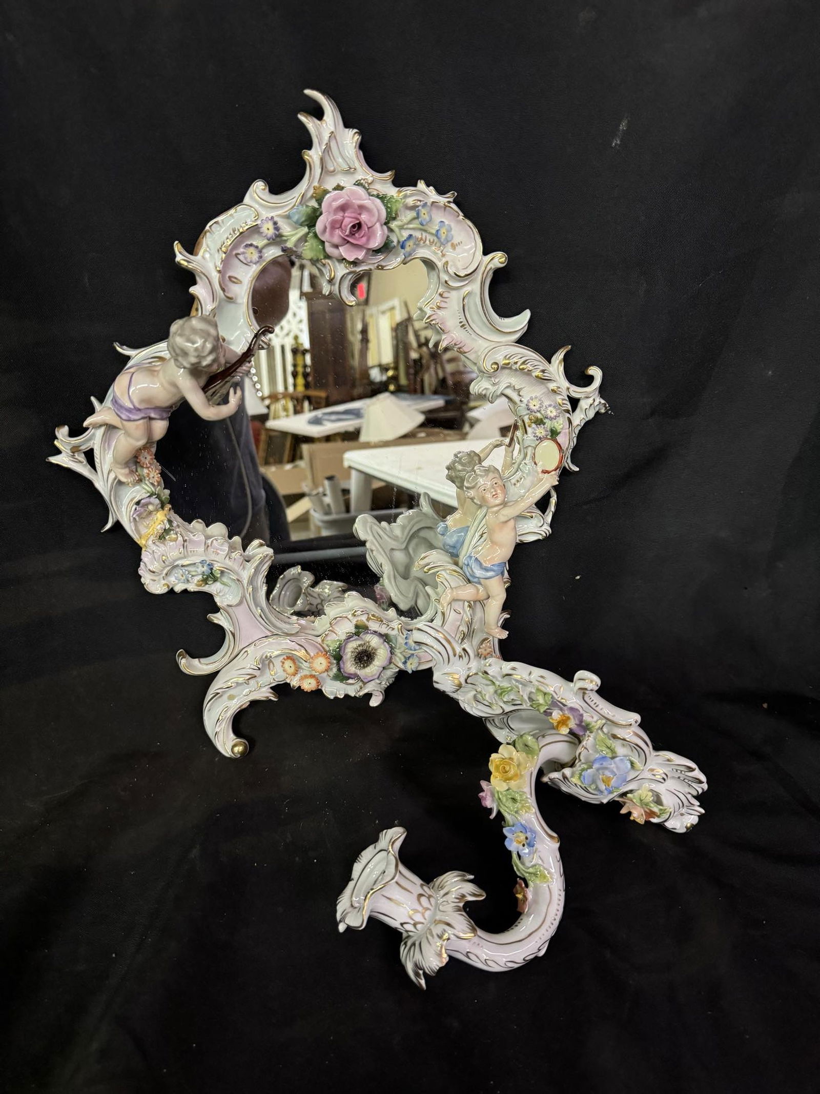 Ornate Dresden Fine Porcelain Mirror and Candle Holder (1 of 3)