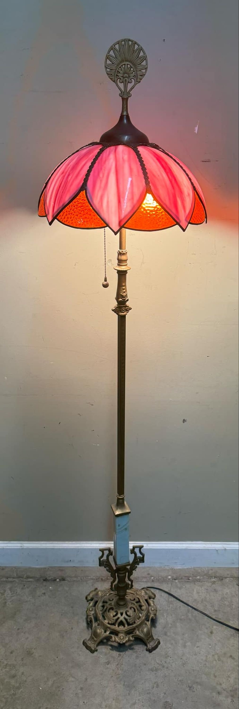 Antique Brass and Marble Floor Lamp with Floral Slag Glass Shade (1 of 4)