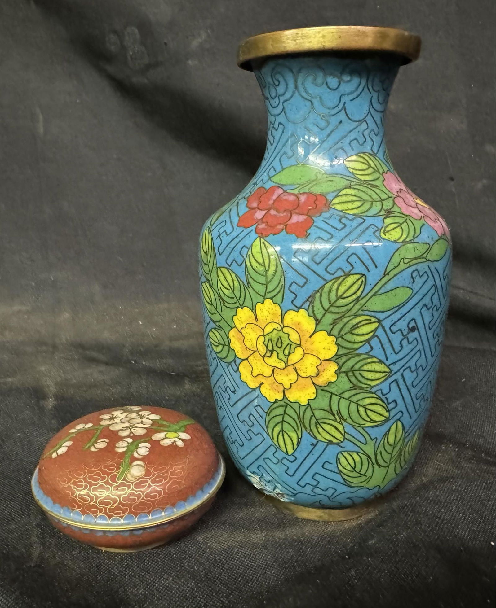 Vintage Round Covered Cloisonne' Oxblood Box, Antique China Cloisonne Copper Enameled Vase Teal (1 of 2)