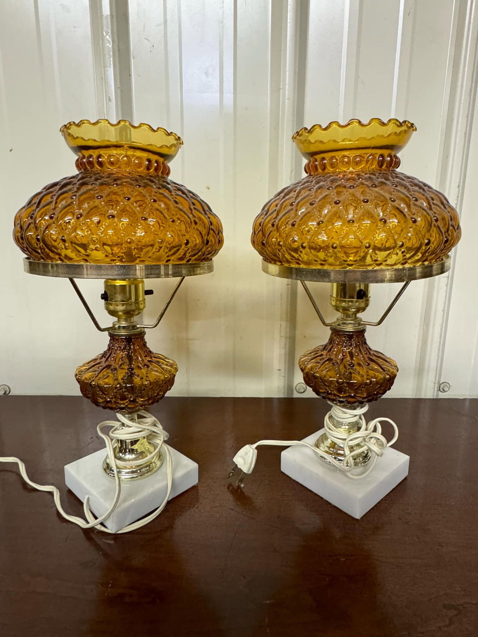 Fenton Style Amber and Marble Lamps: Fenton Style Amber and Marble Lamps