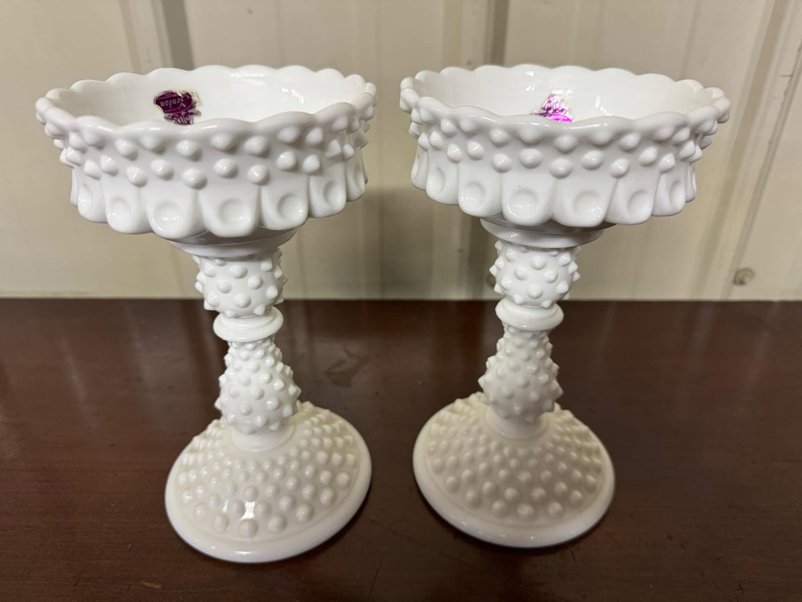 Fenton White Milk Glass Hobnail Candleholders: Fenton White Milk Glass Hobnail Candleholders