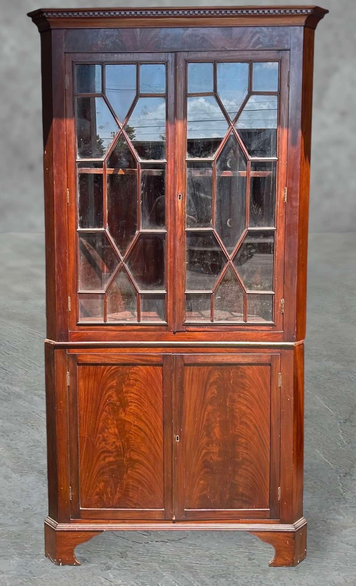 Mahogany Two Piece Corner Cupboard On Bracket Feet And Individual Pane Glass Doors 83"H 42"W 20"D (1 of 3)