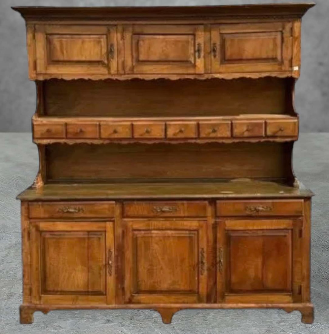 Tiger Maple Two Piece Pewter Cupboard On Bracket Feet 77"H 72"W 21"D (1 of 3)